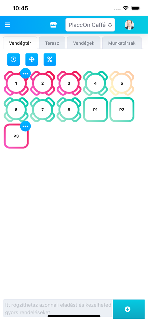 PlaccOn - PlaccOn mobile POS interface displaying a digital floor plan with numbered tables for hospitality businesses