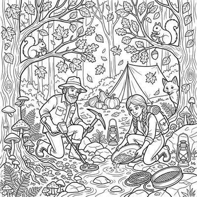 Step into a bustling autumn forest scene where intrepid prospectors are busy discovering hidden treasures. This engaging coloring page offers a delightful blend of fall foliage and gold panning excitement.