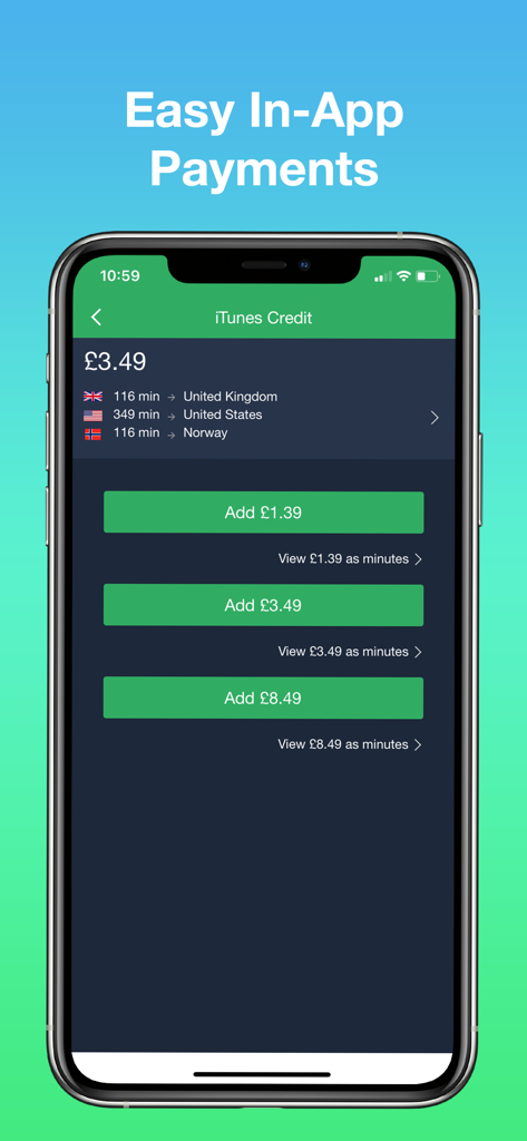 Vyke: Second Phone Number - A smartphone screen displaying the Vyke app's easy in-app payment interface for adding international calling credit.