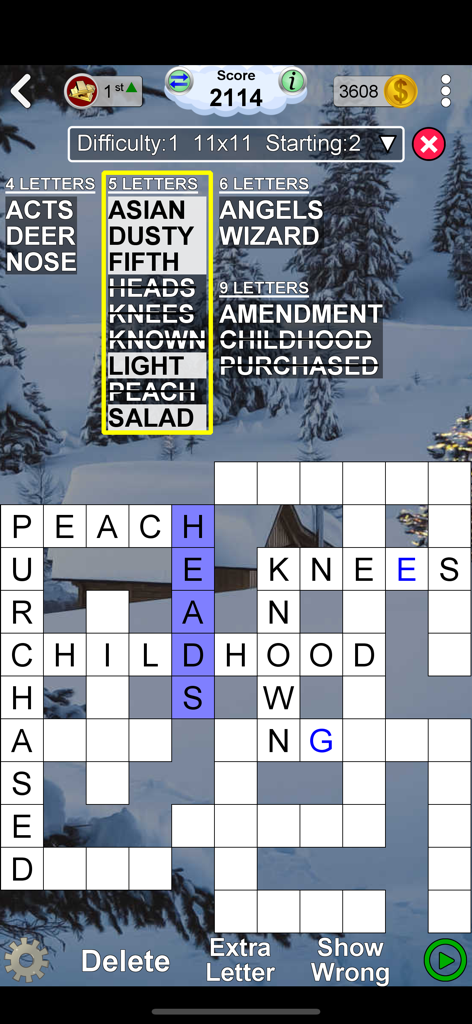 Arrow Crossword & Other Games - A word fit puzzle game with a list of words to fit into a grid against a snowy winter background.