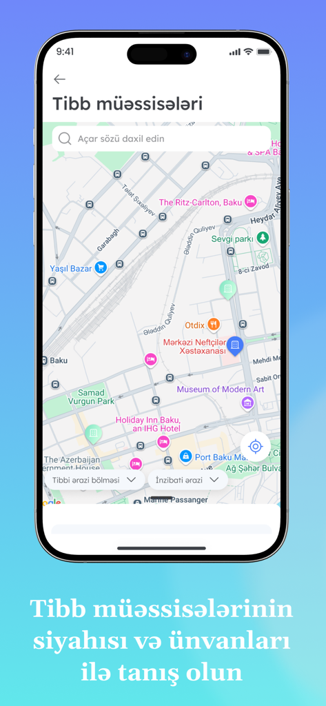 e-Tabib - Interfaz de mapa de la aplicación e-Tabib que muestra las ubicaciones de las instituciones médicas en Azerbaiyán