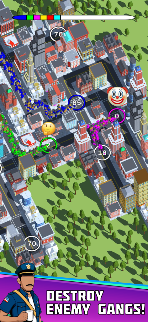 Un mapa de ciudad estratégico en Gang.io que muestra diferentes pandillas de colores luchando por capturar edificios y territorio.