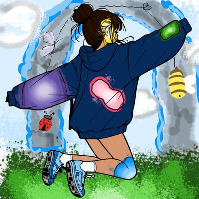 realistic girl jumping with a bun and oversized sweatshirt
