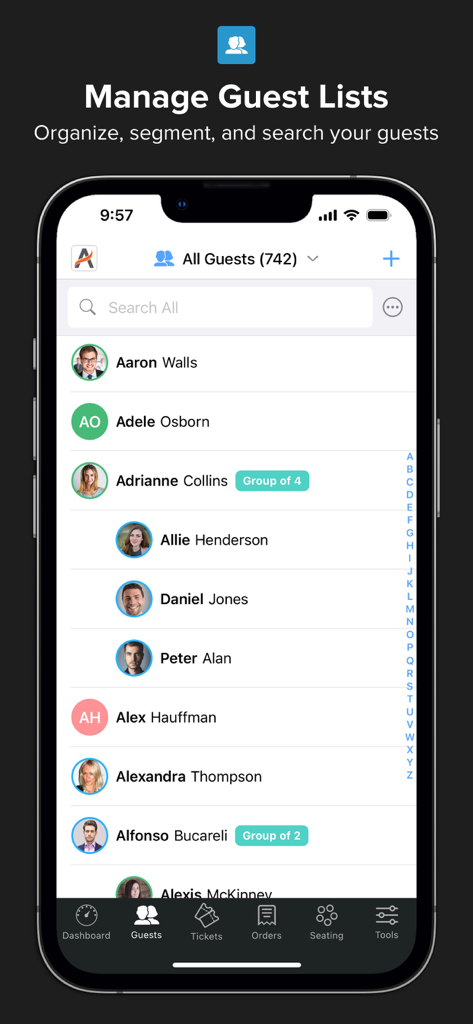 Events & Guest Lists | Diobox - Interface do aplicativo Diobox exibindo uma lista profissional de convidados com rótulos de grupo e fotos de perfil em um iPhone