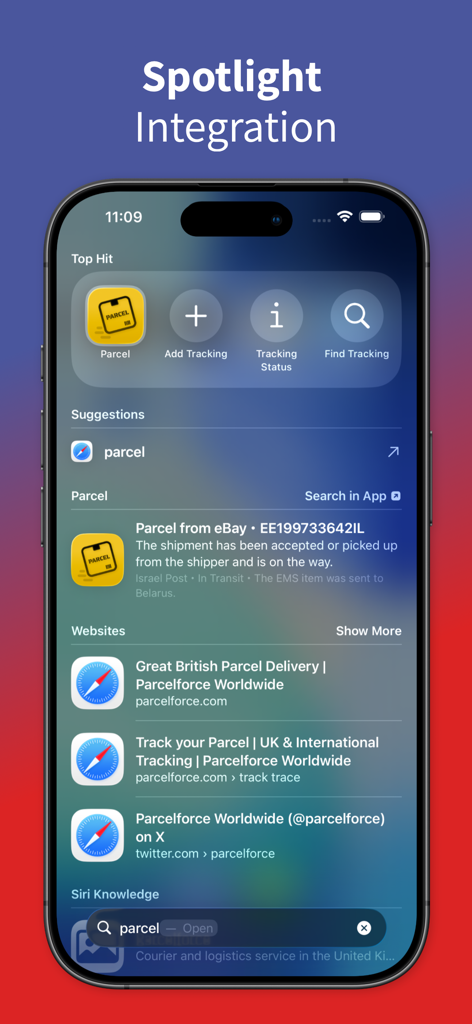 Parcel & Package Tracker - iPhone search screen showing Parcel and Package Tracker spotlight integration