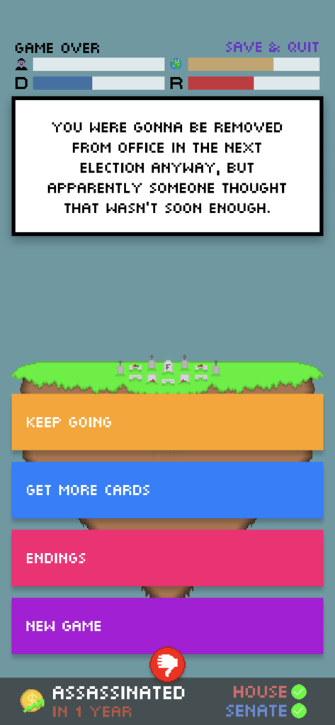 Impeached 2 - A pixel art game over screen in Impeached 2 showing the player was assassinated after one year in office.