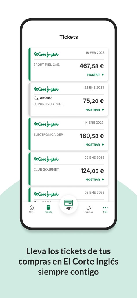 Tarjeta El Corte Inglés - Vista de lista de tickets de compra digitales en la app móvil Tarjeta El Corte Inglés