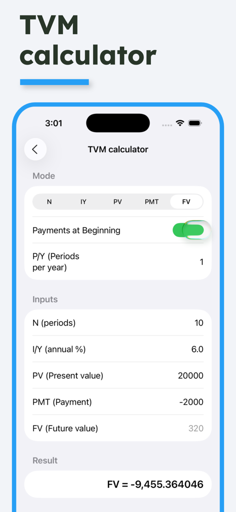 Interface of the TVM calculator within the Financial Calculator app showing time value of money variables