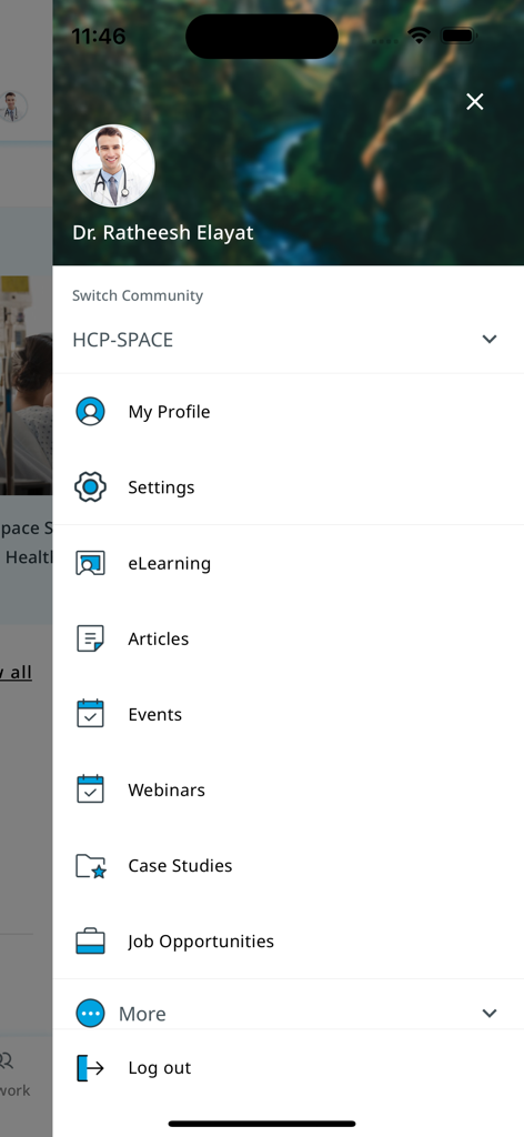 HCP Space - Menú de navegación lateral de la aplicación HCP Space mostrando funciones profesionales médicas como seminarios web de e-learning y estudios de caso.