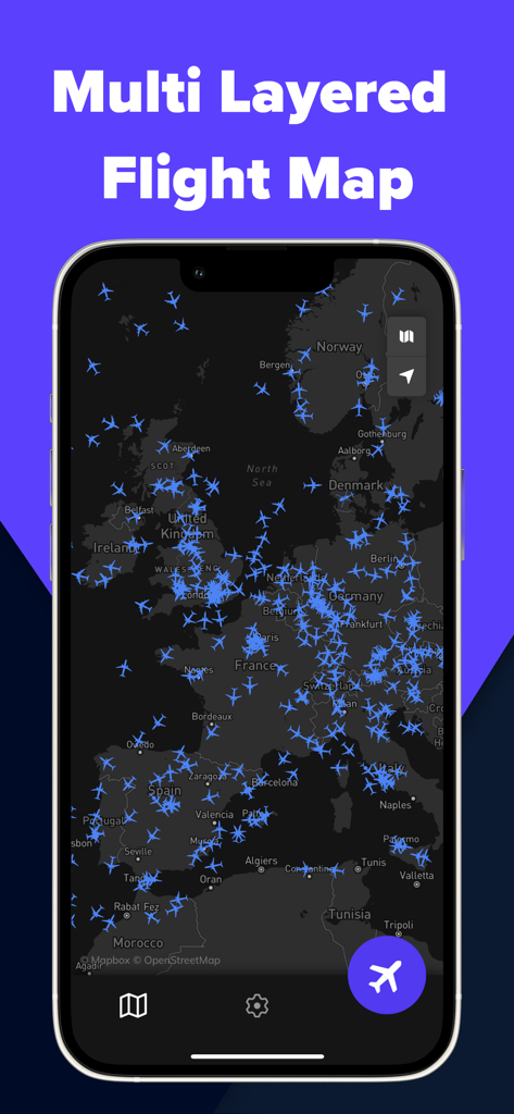 Volanta App-Oberfläche, die eine mehrschichtige Flugkarte mit Flugzeug-Symbolen über Europa zeigt.