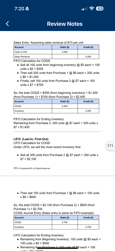 SuperfastCPA - SuperfastCPA review notes page showing accounting calculations for FIFO and LIFO methods