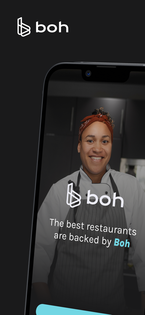 Boh for Venues - A smiling female chef on the Boh for Venues app welcome screen with the slogan The best restaurants are backed by Boh