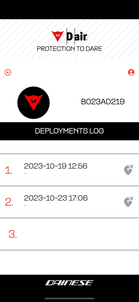 Dainese D-air ® - Dainese D-air App Bildschirm, der ein Protokoll der Airbag-Auslösedaten und -zeiten anzeigt.