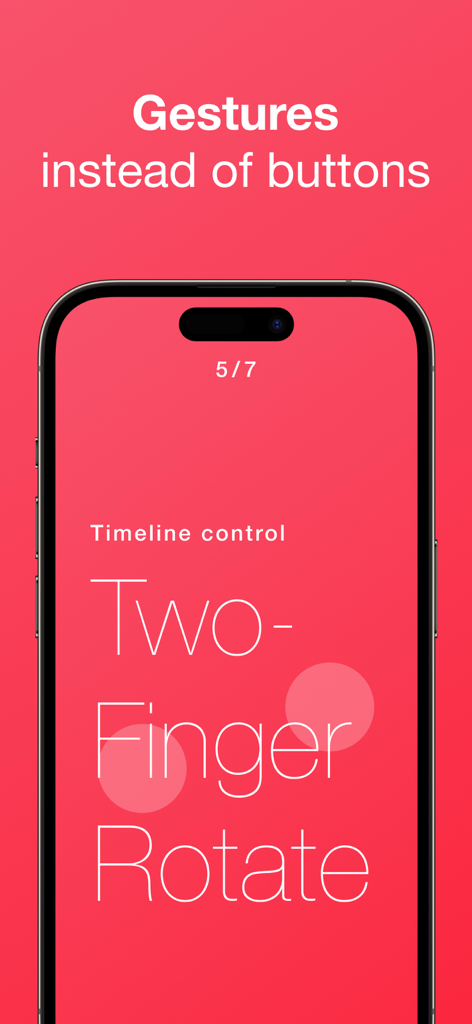 Gestures for a Music Player - Pantalla de iPhone que muestra el gesto de rotación con dos dedos para el control de la línea de tiempo de música en una aplicación minimalista