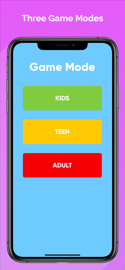 Most Likely To - Party Game - Selection screen of the Most Likely To party game app featuring three game modes: Kids, Teen, and Adult.