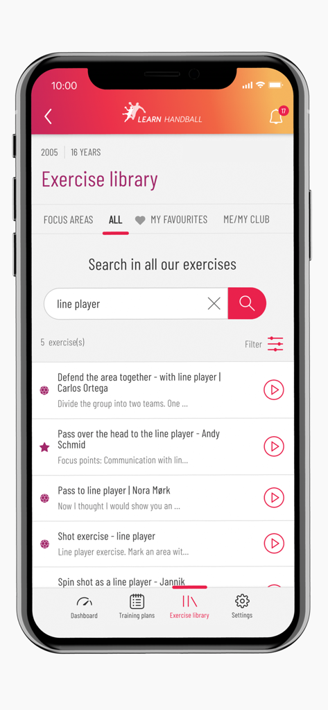 Smartphone screen displaying the Learn Handball app exercise library with a list of drills for line players.