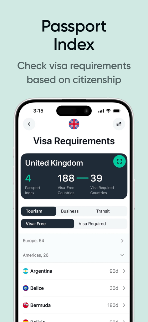 Flamingo – Tax & Visa Tracker - A mobile app screen for Flamingo showing the passport index and visa requirements for United Kingdom citizens.
