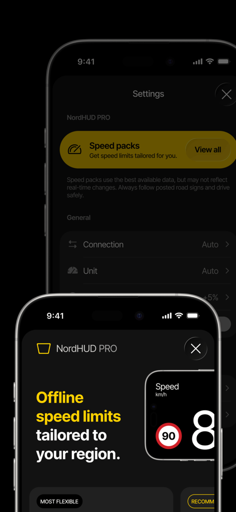 NordHUD - Heads-Up Display - NordHUD PRO interface showing settings for offline speed limit packs and regional speed alerts