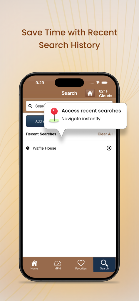 Villages GPS app screen showing recent search history for quick navigation to frequent locations