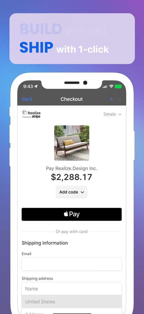 Checkout screen in the Realize app showing an outdoor sofa for purchase with Apple Pay
