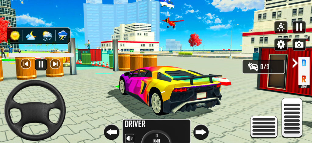 Driving Academy Car Game - Um carro esportivo arco-íris em uma simulação de direção na cidade com controles de direção e pedais na tela.