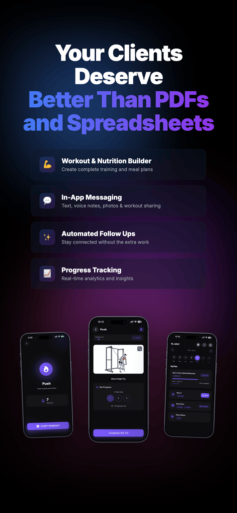 ProCoach: Fitness Coaching App - ProCoach fitness coaching app interface showing workout builder, in-app messaging, automated follow ups, and progress tracking on smartphone mockups.