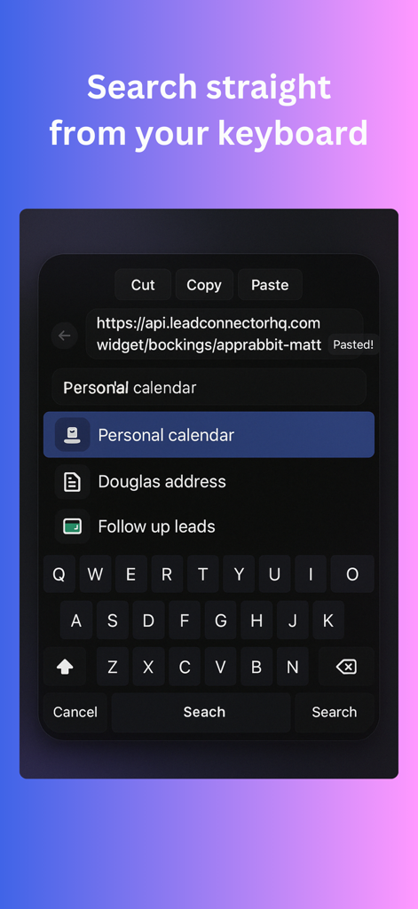 PromptBox Mobile - PromptBox Mobile app interface showing the native keyboard search feature for accessing saved prompts and snippets.