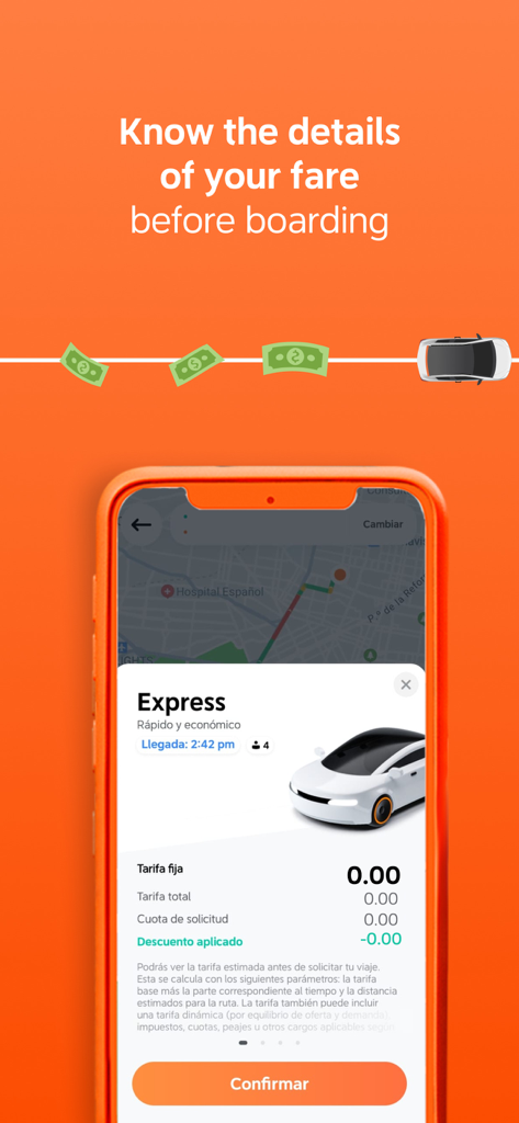 Interface de l'application DiDi Rider montrant une ventilation détaillée des tarifs du trajet avant la réservation
