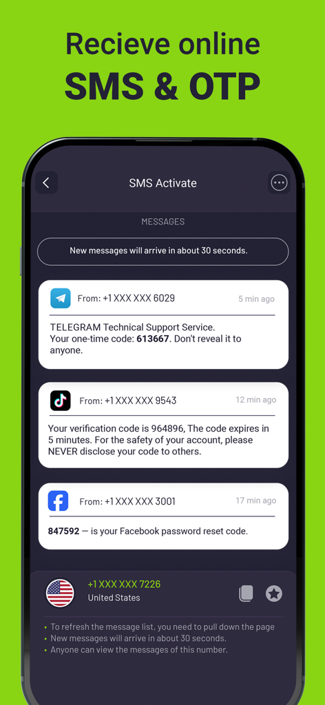 2nd Text mobile app screen showing received SMS verification codes for Telegram TikTok and Facebook accounts.