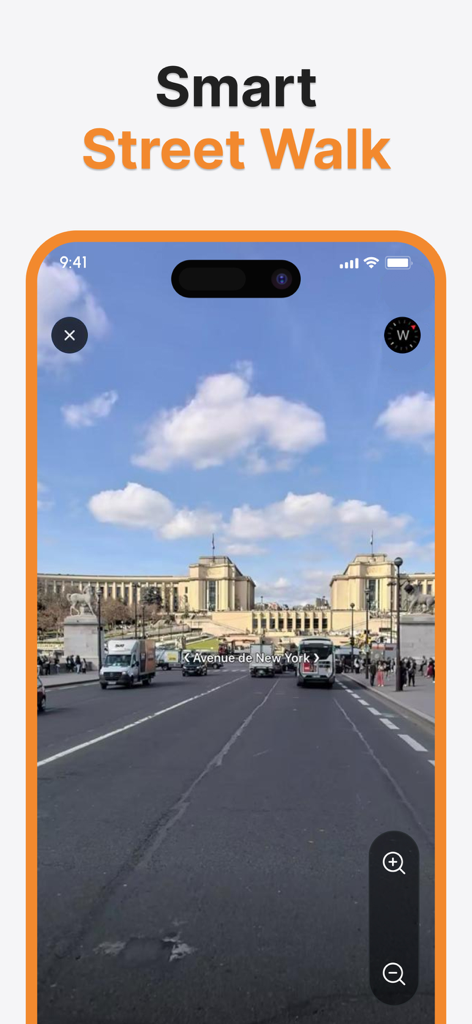 Street Map Live 3D Camera View - Smart street walk feature showing a live camera view of a city street in Paris with navigation tools.