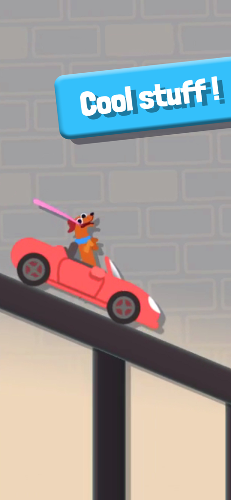 A cartoon sausage character driving a red toy car on a ramp in the game Sausage Flip