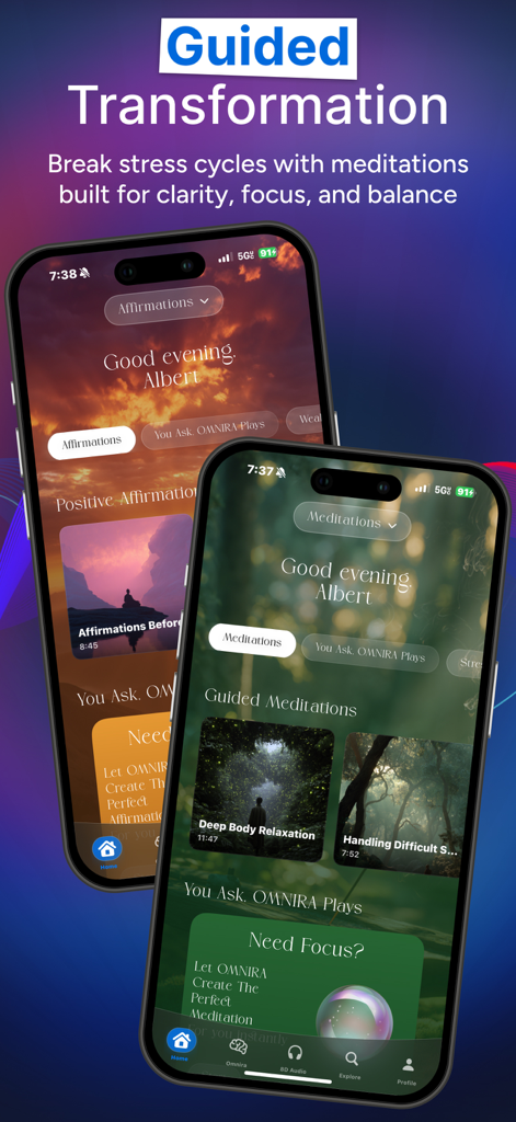 Omnira: Focus & Sleep Sounds - Two mobile phone screens displaying the Omnira app interface for guided meditations and daily affirmations for mental clarity.