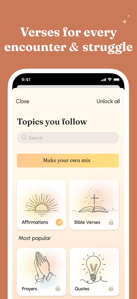 Bible Verse Lock Screen Widget - Interface of the Bible Verse app showing options to follow different spiritual topics like Affirmations and Prayers
