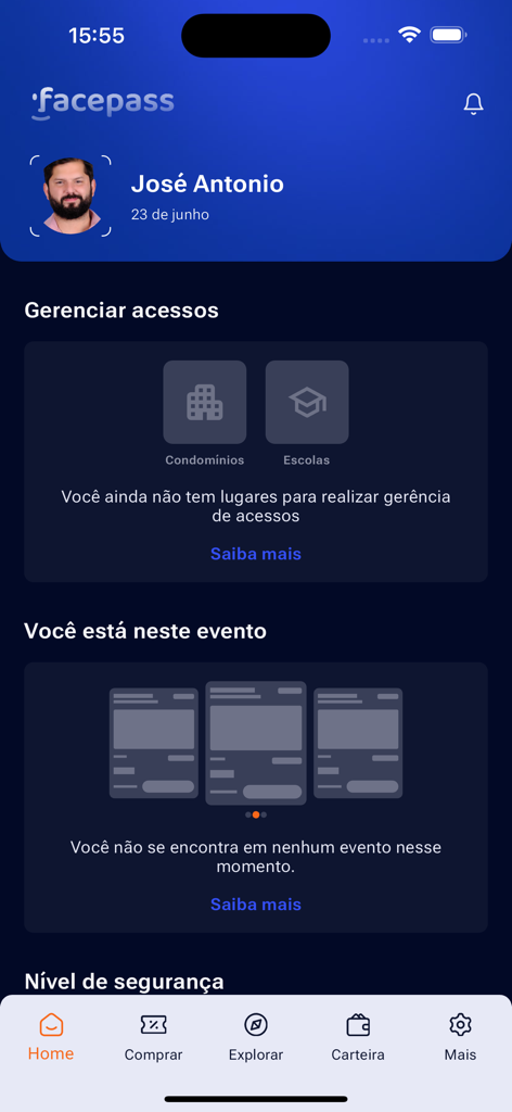 Dashboard principale dell'app Facepass Pessoal che mostra il profilo utente e la gestione degli accessi agli eventi.