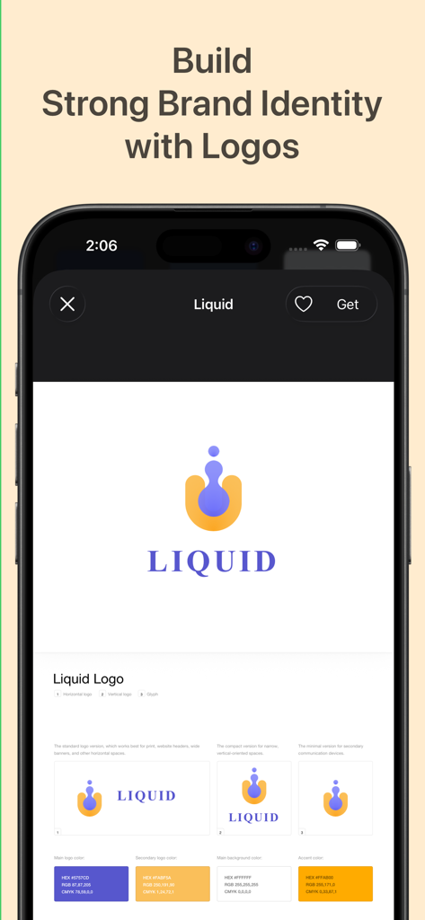 Interfaz de una aplicación móvil que muestra plantillas de diseño de logotipos profesionales y opciones de identidad de marca para Google Slides.