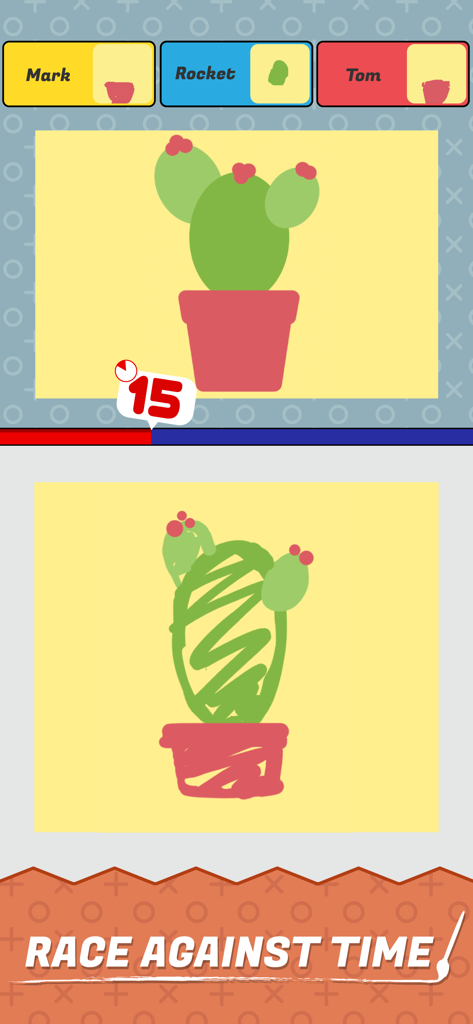 Jugabilidad de Perfect Paint que muestra a un jugador copiando una ilustración de un cactus en un límite de tiempo de quince segundos
