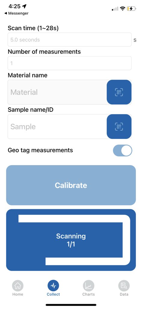 NeoSpectra Collect App - NeoSpectra Collect App Bildschirm mit Scan-Parametern und Kalibrierungstaste für tragbare FT-IR-Spektrometer-Messungen