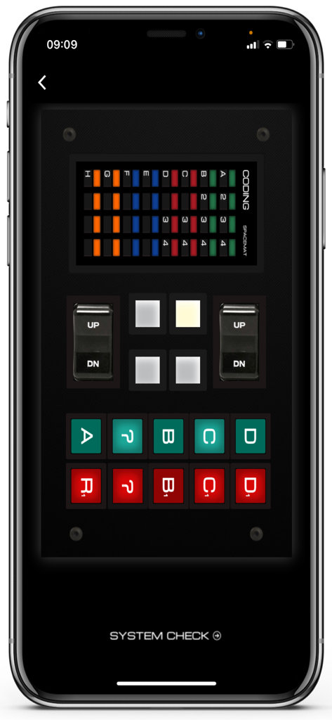 KITT - Systems Activated - A digital replica of the KITT car lower console featuring retro-futuristic buttons and status indicators on a smartphone screen.