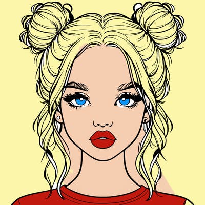 realistic girl with two buns in hair and lips