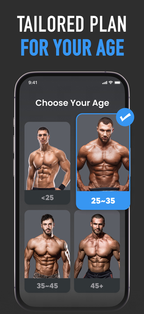 Mobile app screen for Six Pack in 30 Days showing age selection for a tailored workout plan.