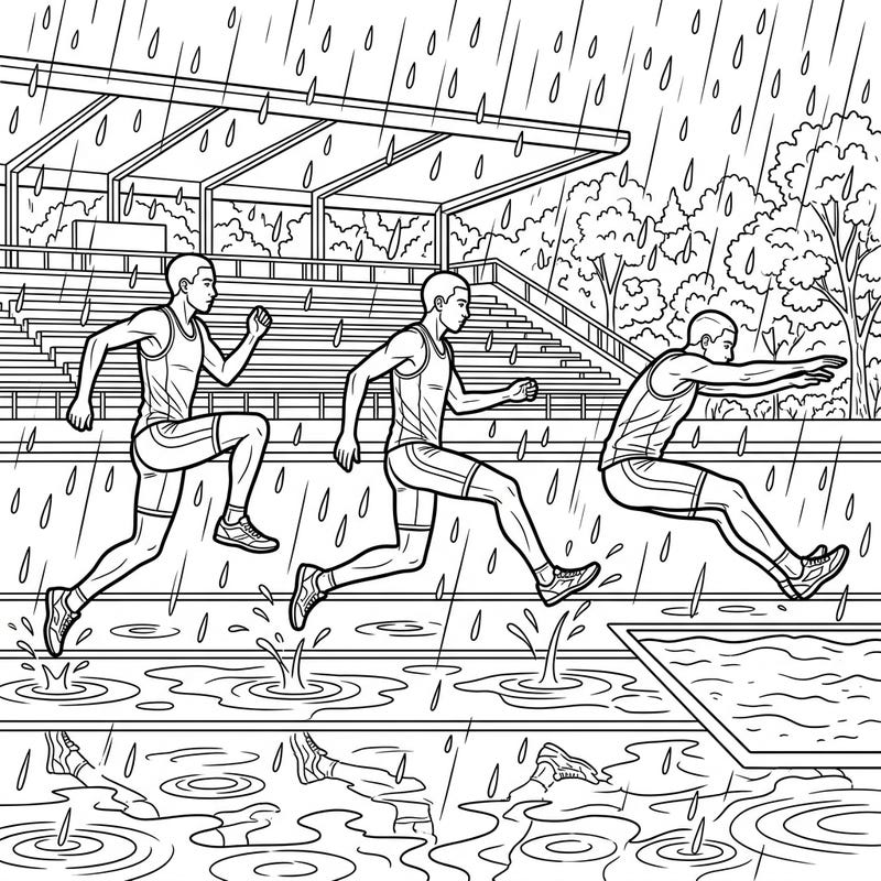 Experience the exhilarating challenge of triple jumpers performing their impressive feat amidst a heavy rain shower. This action-packed coloring page perfectly captures the athletes' determination and the dynamic atmosphere of a wet track event.