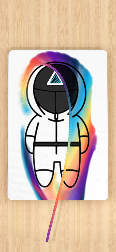 String Pull - A rainbow colored string being pulled across a squid game character stencil to create colorful fluid art