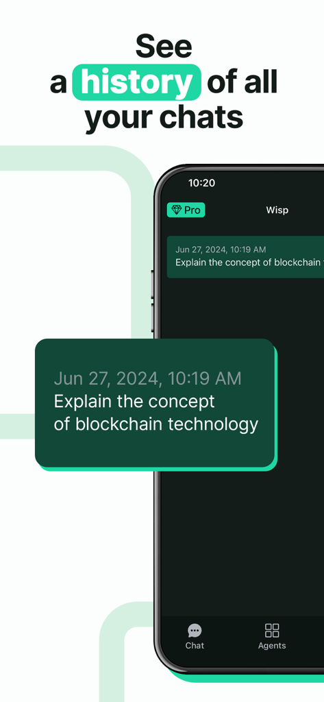 AI ChatBot Assistant 5 0 - Wisp AI ChatBot Assistant interface showing saved chat history of previous conversations.