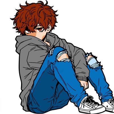a male hoddie ripped jeans messy hair anime