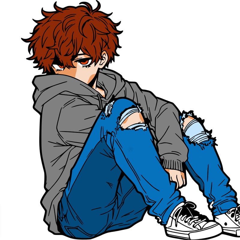a male hoddie ripped jeans messy hair anime