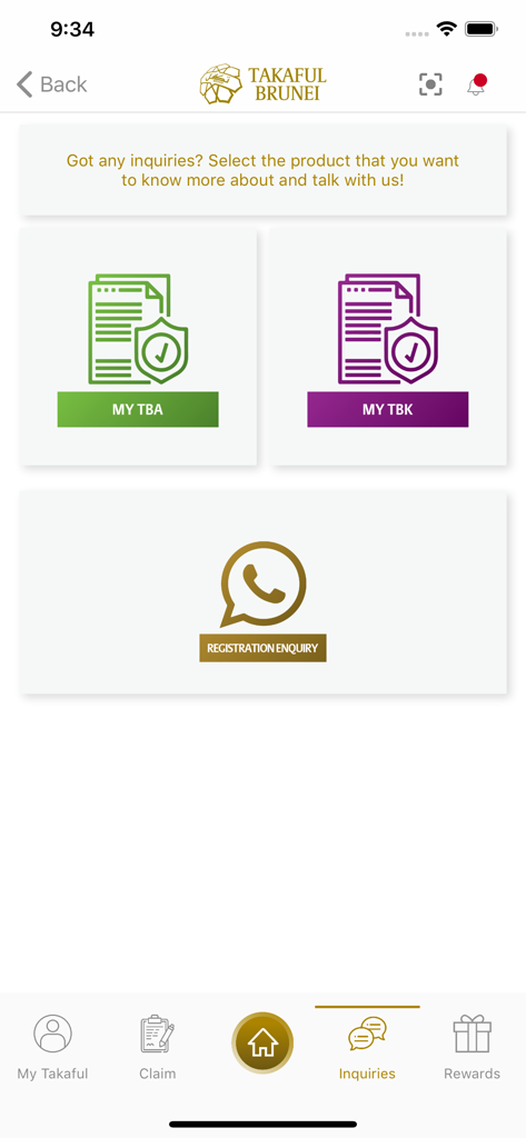Takaful Brunei - Takaful Brunei app inquiries screen showing options for TBA and TBK product support and registration inquiries
