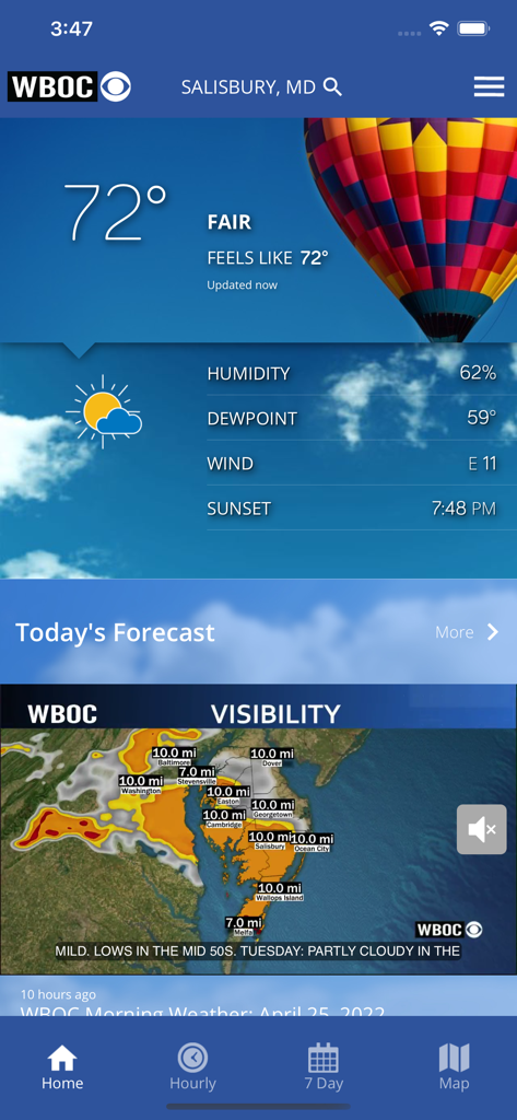 WBOC Weather app interface displaying current temperature and local visibility map for Salisbury Maryland