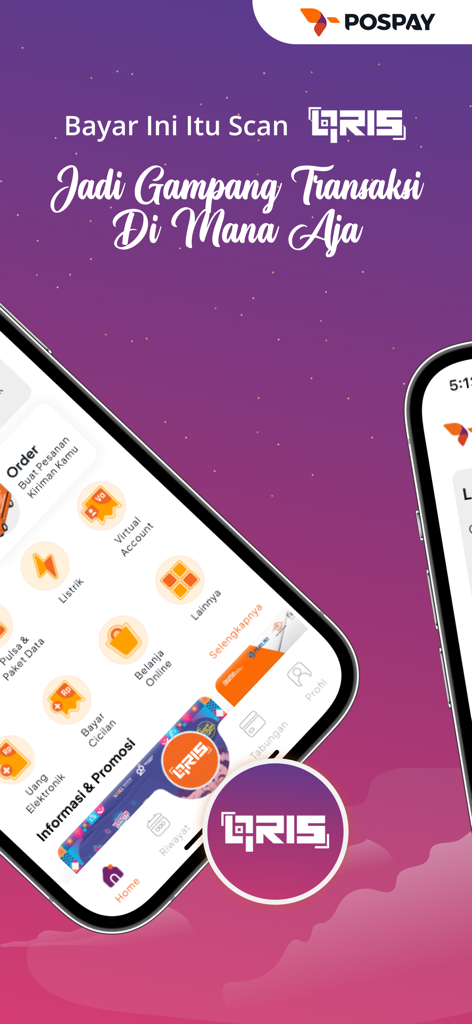 POSPAY mobile app interface showing various Indonesian payment services and QRIS scanning capabilities