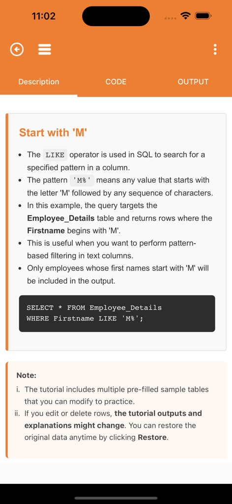 SQL Code Play - Tutorial screen in SQL Code Play app explaining the SQL LIKE operator with a code example and detailed notes.
