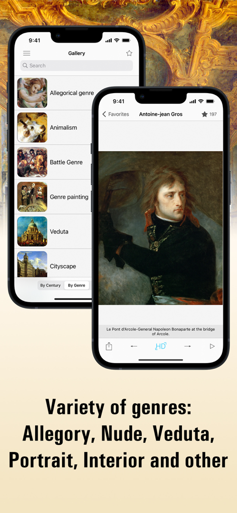 Louvre HD - Louvre HD app interface showing a list of art genres and a detailed view of a Napoleon portrait.